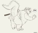  accidental_exposure anthro anus bent_legs bent_over boater_hat bottomwear bow_tie butt clothing coat crocodile crocodilian crocodylid dress_shirt dress_shoes gentleman hat headgear headwear looking_back male overweight overweight_anthro overweight_male pants papyreit raised_tail reptile scalie shirt solo speech_bubble suit surprise tail topwear torn_bottomwear torn_clothing torn_pants 