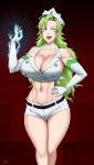  1girl belt bleach bleach:_the_thousand-year_blood_war breasts candice_catnipp cleavage fang forehead green_eyes green_hair hair_between_eyes hand_on_own_hip hand_up hat highres large_breasts lightning long_hair navel open_mouth peaked_cap short_shorts shorts thighs twrlare wandenreich_uniform 