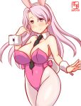  1girl alternate_costume animal_ears artist_logo between_breasts blush breasts detached_collar fake_animal_ears highleg highleg_leotard kanon_(kurogane_knights) kantai_collection large_breasts leotard long_hair looking_at_viewer luigi_di_savoia_duca_degli_abruzzi_(kancolle) necktie necktie_between_breasts one-hour_drawing_challenge open_mouth pantyhose pink_eyes pink_hair pink_leotard playboy_bunny rabbit_ears simple_background smile solo strapless strapless_leotard white_background white_pantyhose 