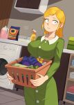  1girl barleyshake blonde_hair blush bottle collared_dress cowboy_shot dress expressionless highres indoors laundry_basket laura_tucker long_sleeves medium_hair shadow signature solo south_park spray_bottle washing_machine 