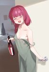  1girl absurdres bare_arms black_nails blush bocchi_the_rock! bottle braid breasts closed_eyes covered_nipples dress drunk green_dress hair_over_shoulder highres hiroi_kikuri holding holding_bottle indoors low-braided_long_hair open_mouth red_hair sharp_teeth single_braid siu_hing5262 small_breasts smile solo spaghetti_strap strap_slip teeth 