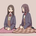  2girls ^_^ artist_name blanket bow bowtie brown_background brown_hair brown_sweater closed_eyes coffee_cup covering_with_blanket cup disposable_cup full_body grey_jacket holding holding_cup jacket looking_at_another medium_hair multiple_girls open_clothes open_jacket open_mouth original plaid plaid_skirt red_bow red_bowtie school_uniform shapoco shirt short_hair simple_background sitting skirt smile sweater teeth uniform upper_teeth_only white_shirt 