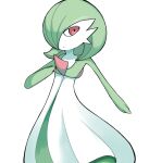  1girl bob_cut colored_skin commentary flat_chest gardevoir green_hair green_skin hair_over_one_eye hand_up highres looking_at_viewer multicolored_skin one_eye_covered open_mouth pokemon pokemon_(creature) r_aruku red_eyes short_hair simple_background solo standing two-tone_skin white_background white_skin 