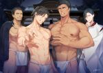  4boys abs angry architecture artist_name bara beard black_hair blurry brown_eyes bulge claw_pose clenched_teeth cowboy_shot cracking_knuckles crossed_arms depth_of_field ear_piercing earrings east_asian_architecture facial_hair fingernails fist_in_hand fundoshi grin hair_behind_ear half-closed_eyes hand_on_own_chin hand_up haori head_tilt jacket jacket_on_shoulders japanese_clothes jewelry kariginu kimono large_pectorals long_sleeves looking_at_viewer male_focus multiple_boys muscular muscular_male navel night original outdoors outstretched_arm parted_bangs pectorals piercing reaching_towards_viewer red_kimono ribbon-trimmed_sleeves ribbon_trim shidatsu_takayuki short_hair signature smile spiked_hair standing stud_earrings sweat teeth toned toned_male underwear underwear_only veins veiny_arms wide_sleeves you_gonna_get_raped 