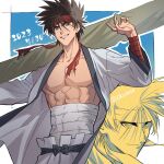  1boy abs black_hair border brown_eyes brown_hair collarbone commentary_request dated grin hair_between_eyes hands_up headband highres huge_weapon japanese_clothes looking_at_viewer male_focus midriff_sarashi multiple_views muscular muscular_male okurase open_clothes open_shirt outside_border pants parted_lips pectorals red_headband rurouni_kenshin sagara_sanosuke sarashi short_hair smile spiked_hair twitter_username upper_body weapon white_border white_pants 