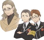  3boys armband black_eyes black_jacket black_ribbon black_sweater brown_eyes brown_hair closed_mouth crossed_arms gekkoukan_high_school_uniform glasses grey_hair hiraga_keisuke ikutsuki_shuuji isa_(peien516) jacket male_focus multiple_boys neck_ribbon odagiri_hidetoshi persona persona_3 ribbed_sweater ribbon school_uniform simple_background sweater turtleneck turtleneck_sweater upper_body white_background yellow_armband 