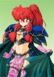  1990s_(style) 1girl armor blue_eyes branmarker cape cowboy_shot gloves green_background hair_tubes high_ponytail highres holding holding_cape holding_clothes long_hair looking_at_viewer navel non-web_source official_art pauldrons pelvic_curtain pink_gloves pink_thighhighs red_hair retro_artstyle scan shami_(branmarker) shoulder_armor sidelocks simple_background smile solo thighhighs 