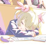  &gt;_&lt; 1girl black_jacket blonde_hair blush book closed_eyes commentary_request desk eggplant eraser hair_ornament head_rest holding holding_pencil indoors jacket long_hair long_sleeves natori_sana open_book open_mouth pencil pencil_case rabbit_hair_ornament sana_channel sleeping solo two_side_up virtual_youtuber yokoyoko_(yokoyoko_ykyk) 