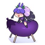  1girl black_gloves black_hair black_socks blush chibi dress eggplant flower flower_on_head food food_print fruit_print gloves grape_print long_hair open_mouth purple_dress purple_flower short_sleeves sidelocks simple_background smile socks solo suzumusi114 touhou vegetable vine_print white_background yomotsu_hisami 