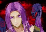 1girl absurdres aruhularudo fate/grand_order fate_(series) forehead gorgon_(fate) highres lips long_hair medusa_(fate) portrait purple_eyes purple_hair red_background snake_hair solo square_pupils 