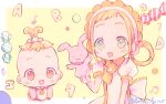  2girls :d asuka_momoko blonde_hair blush candy commentary dress food green_eyes hair_bobbles hair_ornament hair_rings hand_puppet hand_up hano_luno headset highres long_hair makihatayama_hana multiple_girls musical_note ojamajo_doremi open_mouth puffy_short_sleeves puffy_sleeves puppet scarf short_sleeves smile stuffed_animal stuffed_rabbit stuffed_toy symbol-only_commentary twitter_username white_dress yellow_eyes yellow_scarf 