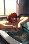  1girl abs backlighting bathing bathroom bathtub breasts cinnabarbie commentary completely_nude convenient_arm covering_nipples diagonal_bangs english_commentary highres marisa_(street_fighter) medium_breasts muscular muscular_female nude red_eyes red_lips short_hair sidelocks solo street_fighter street_fighter_6 tile_wall tiles wet 