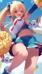  1girl armpits blonde_hair blush bow breasts dark-skinned_female dark_skin elf elfriend_(shiranui_flare) gyuunyuu_bin hair_bow high_ponytail hololive large_breasts long_hair looking_at_viewer multicolored_hair open_mouth outdoors pleated_skirt pointy_ears pom_pom_(cheerleading) red_eyes shiranui_flare skirt smile solo streaked_hair thighs virtual_youtuber white_hair 