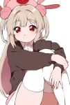  &gt;_&lt; 1girl blonde_hair blush brown_jacket closed_mouth collared_dress commentary_request dress hair_ornament hat hugging_own_legs jacket kaijarisuigyo knees_up long_hair long_sleeves looking_at_viewer natori_sana nurse_cap pink_headwear rabbit_hair_ornament red_eyes sana_channel simple_background sitting smile solo thighhighs two_side_up virtual_youtuber white_background white_dress white_thighhighs 