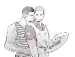  2boys absurdres apron arm_hair artist_painter bara collared_shirt couple facial_hair glaz_(rainbow_six_siege) goatee hand_on_another&#039;s_waist head_on_another&#039;s_shoulder highres kapkan_(rainbow_six_siege) male_focus mature_male multiple_boys muscular muscular_male muted_color official_alternate_costume paint_on_clothes paint_stains palette_(object) pectorals rainbow_six_siege saury_dog shirt short_hair sideburns spot_color tank_top undercut upper_body yaoi 