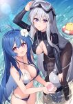  2girls :d ahoge azur_lane beach bikini black_pantyhose black_straps blue_hair breasts center_opening chestnut_mouth commentary_request enterprise_(azur_lane) enterprise_(diving_under_blue_skies)_(azur_lane) eyewear_on_head eyewear_removed flower grey_hair hair_between_eyes hair_flower hair_ornament hand_up helena_(azur_lane) helena_(shimmering_triangle_wave)_(azur_lane) highres holding holding_removed_eyewear large_breasts long_hair long_sleeves looking_at_viewer manjuu_(azur_lane) multiple_girls official_alternate_costume open_mouth outdoors pantyhose parted_lips pink_eyes purple_eyes sidelocks smile sunlight swimsuit t@ke-g thigh_strap water wet wet_clothes wet_hair wet_pantyhose white_flower 