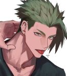  1boy absurdres achilles_(fate) black_shirt brown_eyes ear_piercing earrings fate_(series) green_hair grey_hair hand_on_own_neck haruakira highres jewelry looking_at_viewer male_focus mature_male piercing shirt short_hair simple_background solo tongue tongue_out tongue_piercing upper_body white_background 