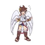  1boy 72kuri ahoge angel angel_wings armlet bike_shorts blue_eyes brown_hair clenched_hands full_body highres kid_icarus kid_icarus_uprising laurel_crown male_focus notice_lines open_mouth pit_(kid_icarus) scarf simple_background smile solo white_background wings 