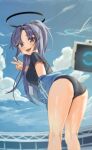  1girl absurdres arched_back bare_legs black_buruma black_shirt blue_archive blue_jacket buruma camcorder_interface cloud cropped_legs halo highres id_card jacket laza_(0ldsong) long_hair looking_at_viewer looking_back mechanical_halo parted_bangs ponytail purple_eyes purple_hair red_pupils shirt sidelocks sky stadium standing star_sticker sticker_on_face sweat track_jacket v yuuka_(blue_archive) yuuka_(track)_(blue_archive) 