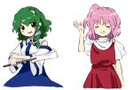  2girls arm_up blush_stickers breasts closed_eyes collared_shirt commentary_request detached_sleeves flat_chest frog_hair_ornament green_eyes green_hair hair_ornament kaigen_1025 kochiya_sanae medium_hair multiple_girls no_nose open_mouth pink_hair red_skirt red_vest sara_(touhou) shirt simple_background skirt sleeveless sleeveless_shirt small_breasts smile touhou touhou_(pc-98) vest white_background white_shirt white_sleeves 