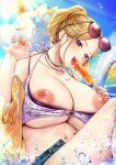  1girl anchor_earrings bikini bikini_pull blonde_hair blue_sky blush breasts clothes_pull collarbone commentary_request denim denim_shorts earrings eyewear_on_head fake_nails fingernails gyaru halterneck highres huge_breasts inflatable_toy inflatable_unicorn jacket jacket_partially_removed jewelry large_areolae looking_at_viewer midriff mole mole_on_breast navel navel_piercing necklace nipples o-ring o-ring_bikini open_clothes open_jacket open_mouth original outdoors parted_bangs piercing ponytail puffy_nipples purple_bikini purple_eyes ring short_shorts short_sleeves shorts sky smile solo splashing sunlight swimsuit teeth thighs upper_teeth_only water yellow_jacket yuzutosen 