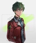  1boy dated eiyuu_densetsu glasses green_hair jacket looking_at_viewer machias_regnitz necktie portrait saymel679 school_uniform sen_no_kiseki short_hair solo thors_military_academy_school_uniform twitter_username uniform upper_body yellow_eyes 