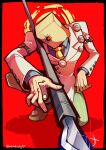  1boy bag bag_over_head doctor faust_(guilty_gear) glowing glowing_eye guilty_gear guilty_gear_xrd highres jacket long_fingers long_sleeves looking_at_viewer male_focus necktie paper_bag plutobody red_background red_eyes scalpel simple_background sitting white_jacket yellow_necktie 