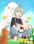  1girl animal_ears animal_on_lap animal_on_shoulder black_shirt black_socks blue_eyes bug butterfly cat cloud dandelion dandelion_seed flower grass grey_hair hair_ornament highres horse_ears horse_girl horse_tail indian_style looking_to_the_side on_lap open_mouth outdoors overalls rio_(rio_067) sandals seiun_sky_(umamusume) shirt short_hair sitting sleeves_rolled_up smile socks solo tail twitter_username umamusume 