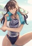  1girl alternate_costume ashigara_(kancolle) blurry blurry_background breasts brown_eyes brown_hair competition_swimsuit day fang hairband highres kantai_collection kasumi_(skchkko) long_hair looking_at_viewer medium_breasts one-piece_swimsuit open_mouth outdoors purple_one-piece_swimsuit shirt sitting smile solo sunlight swimsuit swimsuit_under_clothes towel wet wet_clothes wet_shirt wet_swimsuit white_one-piece_swimsuit 