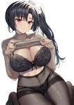 1girl black_bra black_hair black_panties blush bra breasts cleavage clothes_lift commentary_request covered_navel gakkou_de_seishun! gusset hair_ornament hair_ribbon high-waist_pantyhose highres kamino_saori large_breasts lifted_by_self long_sleeves looking_at_viewer panties pantyhose red_eyes ribbon sanshoku_amido side_ponytail simple_background thighband_pantyhose underwear unworn_clothes white_ribbon 