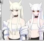  1girl animal_ears arknights bandeau bare_shoulders black_choker brown_eyes choker commentary grey_background horse_ears jacket long_hair long_sleeves looking_at_viewer midriff multiple_views navel off_shoulder platinum_(arknights) ponytail simple_background stomach strapless supershrimpcakes tube_top upper_body very_long_hair white_hair white_jacket 