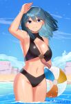  1girl arm_up armpits ball bare_arms bare_shoulders beachball bikini black_bikini blue_eyes blue_hair blue_sky breasts byleth_(female)_(fire_emblem) byleth_(fire_emblem) chocojax cleavage cloud commentary day fire_emblem fire_emblem:_three_houses grin hair_between_eyes highres holding holding_ball holding_beachball long_hair looking_at_viewer navel sky smile solo stomach swimsuit thighs wading water 
