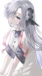  1girl akira_(colon_radio) black_flower blush collared_dress dress expressionless flower grey_eyes grey_hair hair_flower hair_ornament hair_over_one_eye highres isekai_joucho kamitsubaki_studio long_hair looking_to_the_side multicolored_hair parted_lips red_hair short_sleeves simple_background solo two-tone_hair upper_body virtual_youtuber white_background 