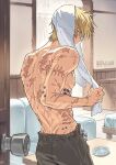  1boy back black_pants blonde_hair blue_eyes blush couch highres holding indoors looking_back male_focus multiple_scars natsushio_(x2i2a) open_door pants scar scar_on_arm scar_on_back scar_on_hand short_hair solo standing topless_male towel towel_on_head trigun twitter_username vash_the_stampede wet wet_hair 