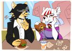  absurd_res alvh-omega amused anthro asian_clothing asian_mythology bell bell_collar beverage black_hair blissful brown_eyes burger canid canine canis choker claws clothed clothing collar collared_shirt coyote duo east_asian_clothing east_asian_mythology eating eating_food female food fox fox_spirit fur fur_markings hair hi_res highlights_(coloring) jacket jewelry male male/female mammal markings multi_tail multicolored_body multicolored_fur mythology naoko_(alvh-omega) necklace restaurant ruben_(djcoyoteguy) spirit tail texas topwear two_tone_body two_tone_fur white_body white_fur white_hair yellow_body yellow_fur 