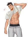  1boy abs alleveolive black_hair black_male_underwear calvin_klein clothes_lift craig_cahn dream_daddy:_a_dad_dating_simulator grey_pants heart highres lifted_by_self male_focus male_underwear muscular muscular_male navel nipples one_eye_closed pants shirt shirt_lift short_hair short_sleeves smile solo standing thick_eyebrows underwear white_background white_shirt 