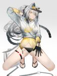  1girl absurdres animal_ears arknights black_gloves black_panties breasts cat_ears commentary drawstring flip-flops gloves gradient_background grey_background grey_hair highres hood hoodie long_hair long_sleeves mackia medium_breasts panties sandals schwarz_(arknights) solo thigh_strap thighs underwear very_long_hair visor_cap white_hoodie yellow_eyes 