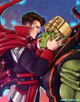  2boys aged_up alternate_costume bara black_bodysuit black_hair blonde_hair bodysuit colored_skin couple crown ear_piercing finger_to_another&#039;s_mouth floating_cape from_side green_skin hand_on_another&#039;s_cheek hand_on_another&#039;s_face highres hulkling imminent_kiss interspecies maelikki male_focus marvel multiple_boys muscular muscular_male pectorals piercing short_hair sideburns sleeveless smile starry_bodysuit telekinesis thick_eyebrows toned toned_male undercut upper_body wiccan yaoi young_avengers 