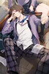  1boy 1girl absurdres avataro_sentai_donbrothers blue_necktie book brown_hair buttons disguise doran_(doran7280) dress_shirt earrings hand_on_another&#039;s_leg highres jacket jewelry looking_at_viewer manga_(object) momoi_taro necklace necktie on_chair on_floor open_clothes open_jacket pleated_pants pleated_skirt ring school_uniform shirt short_hair sitting skirt solo_focus spread_legs stud_earrings super_sentai white_shirt 