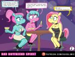  alcohol aloe_(mlp) anthro beverage breasts champagne cleavage clothed clothing clubbing cocktail comic dialogue dress english_text equid equine eyeshadow female fluttershy_(mlp) footwear friendship_is_magic group hasbro high_heels horse lipstick lotus_(mlp) makeup mammal my_little_pony nightclub pony sitting skimpy skimpy_dress sugslimic text trio 