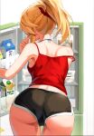  1girl absurdres ass ass_focus bare_shoulders blonde_hair braid fate/apocrypha fate/grand_order fate_(series) from_behind highres mordred_(fate) mordred_(fate/apocrypha) off_shoulder ponytail refrigerator scan short_shorts shorts simple_background solo thighs tonee 