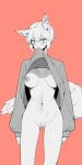  1641_(chfhrtor94) 1girl absurdres alternate_costume animal_ear_fluff animal_ears ass_visible_through_thighs blush breasts clothes_lift commentary_request cowboy_shot grey_shirt highres inubashiri_momiji korean_commentary large_breasts long_sleeves looking_at_viewer meme monochrome mouth_hold navel nipples pajamas_challenge_(meme) pubic_hair shaped_pubic_hair shirt shirt_lift short_hair simple_background solo tail touhou white_hair wolf_ears wolf_tail 