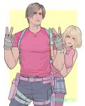  1boy 1girl ashley_graham bare_shoulders belt blonde_hair bob_cut border breasts cowboy_shot double_v fingerless_gloves gloves grey_gloves grey_pants holster jewelry knife leaning_forward leon_s._kennedy looking_at_viewer medium_breasts medium_hair necklace pants parted_bangs parted_lips pink_belt pink_shirt plaid plaid_skirt resident_evil resident_evil_4 resident_evil_4_(remake) sardine_(kjr0313) shirt short_hair short_sleeves skirt sleeveless sleeveless_turtleneck smile swept_bangs thigh_holster thigh_strap toned toned_male turtleneck v watch white_border wristwatch yellow_background 