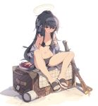  1girl bare_shoulders bikini black_bikini black_hair blue_archive blue_eyes blush breasts collarbone grey_sweater gun hairband halo highres jewelry long_hair long_sleeves looking_at_viewer navel necklace open_clothes open_mouth ponytail sandals sgt-jz sidelocks sitting small_breasts solo suitcase sweater swimsuit ui_(blue_archive) ui_(swimsuit)_(blue_archive) weapon 