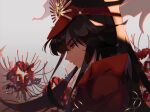  1girl black_hair cloak f15xallen fate/grand_order fate_(series) flower from_side long_hair looking_down oda_nobunaga oda_nobunaga_(fate) oda_nobunaga_(koha-ace) red_cloak red_eyes red_headwear solo spider_lily twitter_username 