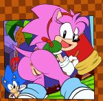  2023 absurd_res amy_rose anthro anus bottomless butt classic_amy_rose classic_sonic classic_sonic_(universe) clothed clothing collaboration duo eulipotyphlan exclamation_point female genitals hair hammer hedgehog hi_res holding_hammer holding_object holding_tool looking_at_viewer looking_back looking_back_at_viewer male mammal multicolored_body ninoeros open_mouth open_smile pink_body pink_hair pussy question_mark sega smile smiling_at_viewer sonic_the_hedgehog sonic_the_hedgehog_(series) sr tan_body tools two_tone_body 