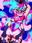  anthro blue_hair blue_tail blush blush_lines breasts candy clothing cotton_candy crop_top dessert eyelashes felininity female fire fluffy food fur fur_markings glitter hair heart_cutout helluva_boss markings pink_eyes pink_hair pink_tail queen_bee-lzebub_(helluva_boss) shirt smile smirk solo spots spotted_body star striped_body stripes tail tan_body thick_eyelashes thick_thighs topwear torn_clothing under_boob 