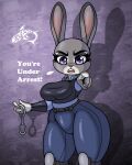  absurd_res anthro breasts clothed clothing cuff_(restraint) dialogue disney female grey_body handcuffs hi_res judy_hopps lagomorph leporid mammal metal_cuffs rabbit renegade-157 restraints solo thick_thighs zootopia 