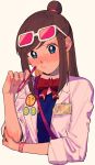  1girl ace_attorney aqua_eyes badge beachricefield blue_vest blush bow bowtie brown_hair button_badge buttons coat collared_shirt cropped_torso double-breasted ema_skye ema_skye_(aa1) eyewear_on_head hand_up highres holding holding_pen lapels long_hair looking_at_viewer name_tag open_clothes open_coat pen phoenix_wright:_ace_attorney pink-tinted_eyewear pink_shirt red_bow red_bowtie shirt shoulder_strap simple_background sleeves_rolled_up solo swept_bangs tinted_eyewear topknot upper_body vest watch white-framed_eyewear white_background white_coat wristwatch 