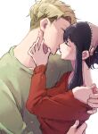  1boy 1girl black_hair blonde_hair closed_eyes green_shirt hetero highres hug kiss mgmgmg_aw8nf off-shoulder_sweater off_shoulder profile red_sweater shirt sidelocks simple_background spy_x_family sweater twilight_(spy_x_family) upper_body white_background yoru_(chainsaw_man) 